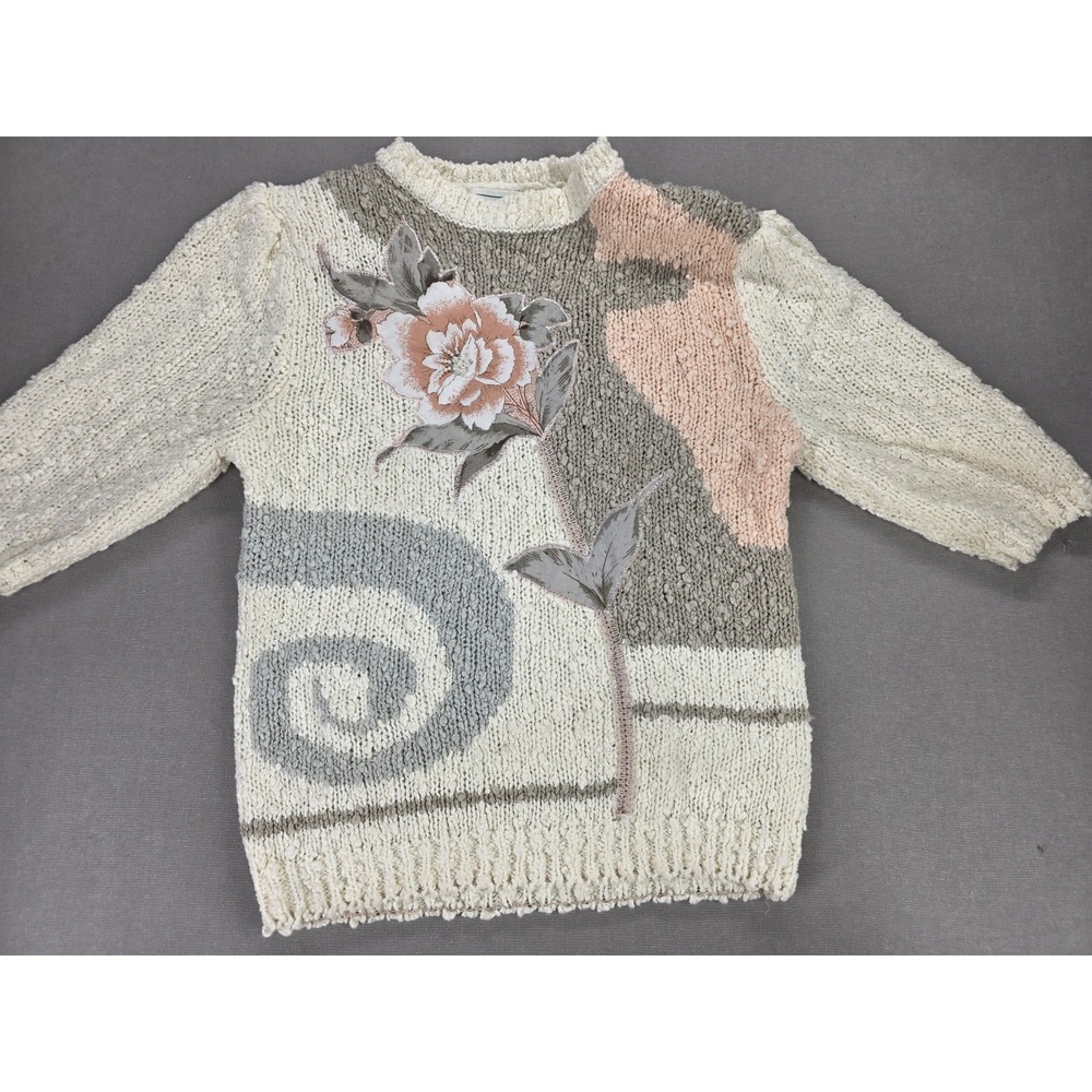 Vintage Embroidered Knit Sweater Medium Beige‎ Floral